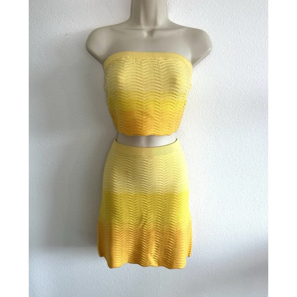 Camila Coelho 2 Piece Set‎ Yellow Ombre Knit Tube Top & Skirt XL Resort Festival